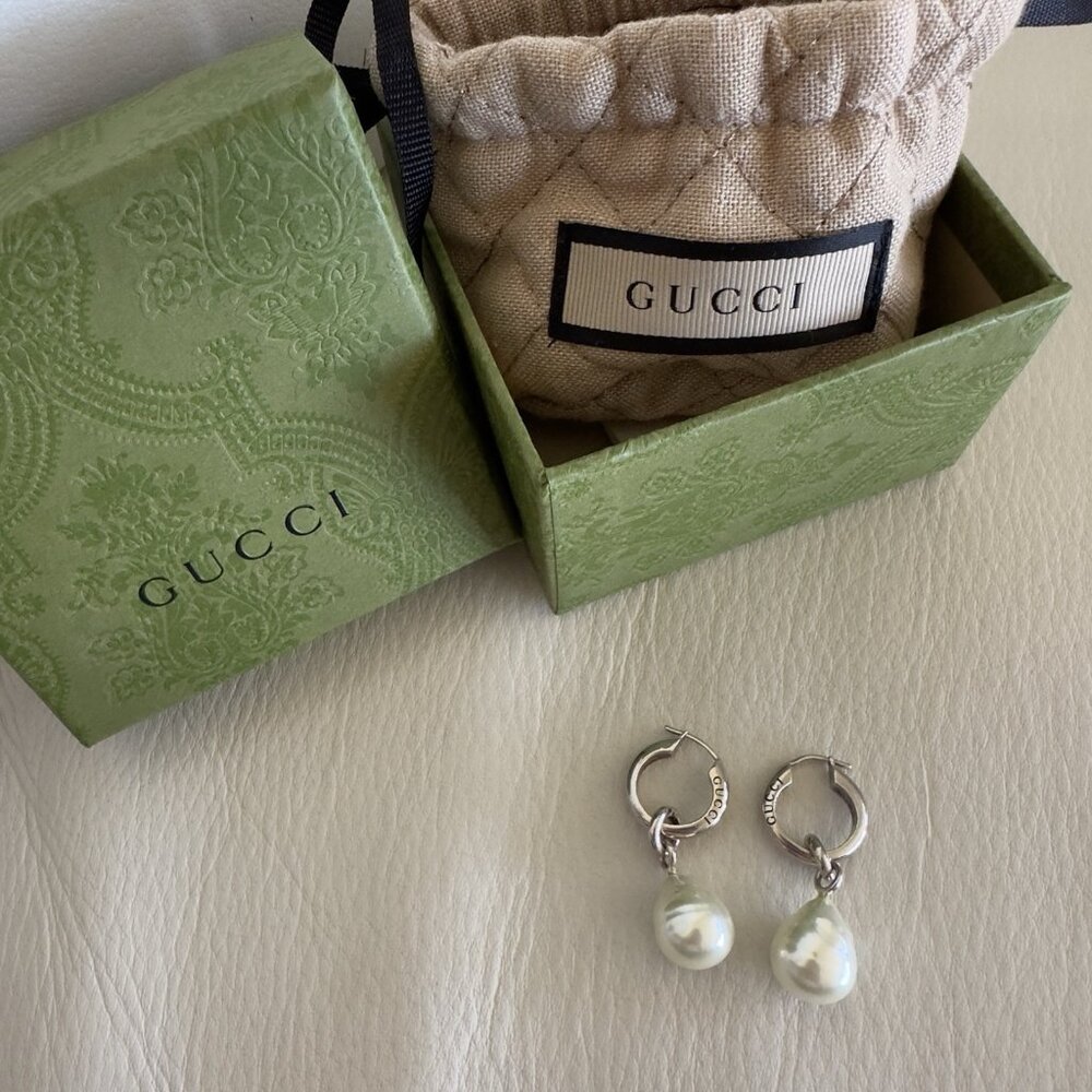 NEW GUCCI HOOP EARRINGS WITH PEARL DROPS 925 Sterling Silver - Picture 9 of 9